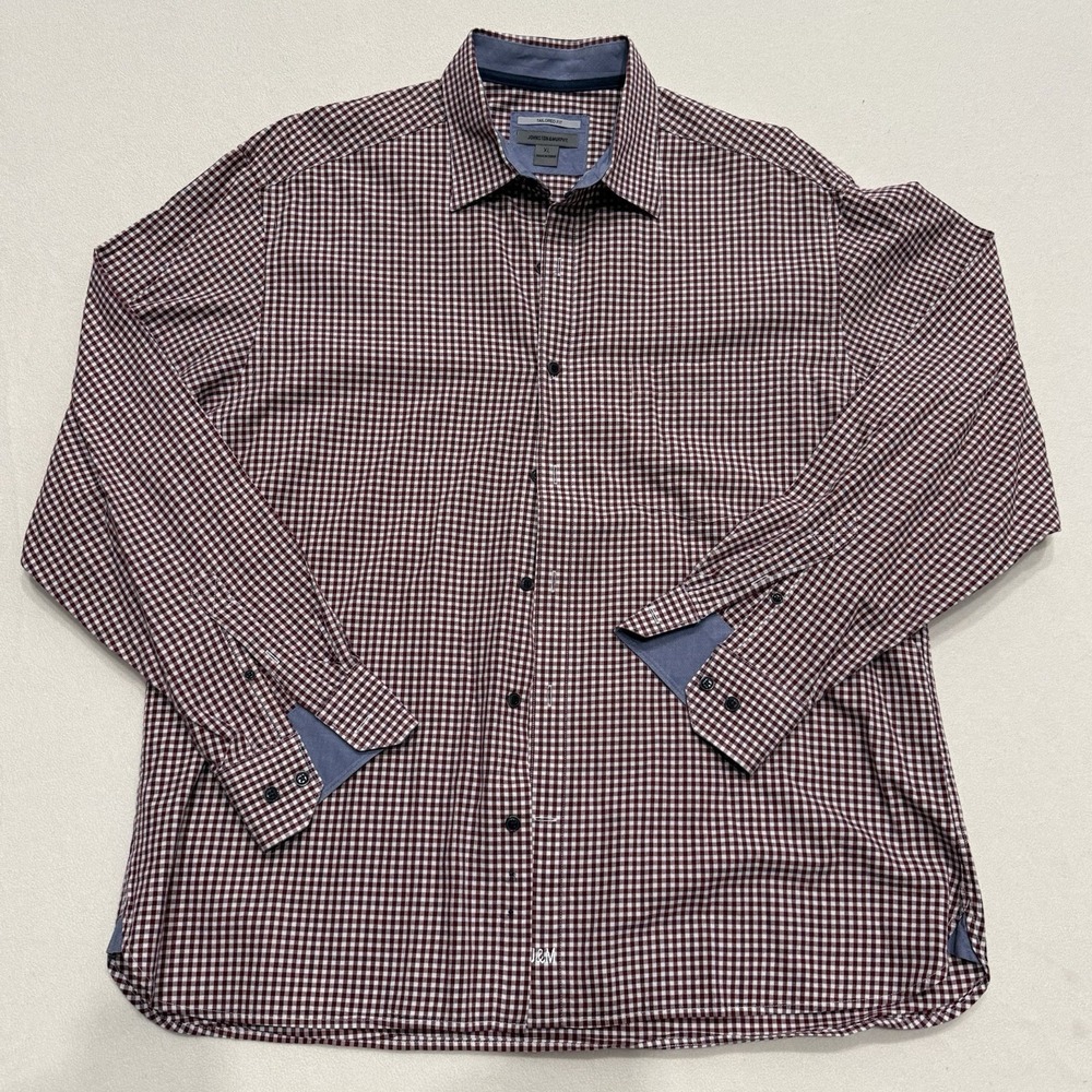 Johnston & Murphy Mens XL Tailored Fit Gingham Check Shirt Burgundy Long Sleeve
